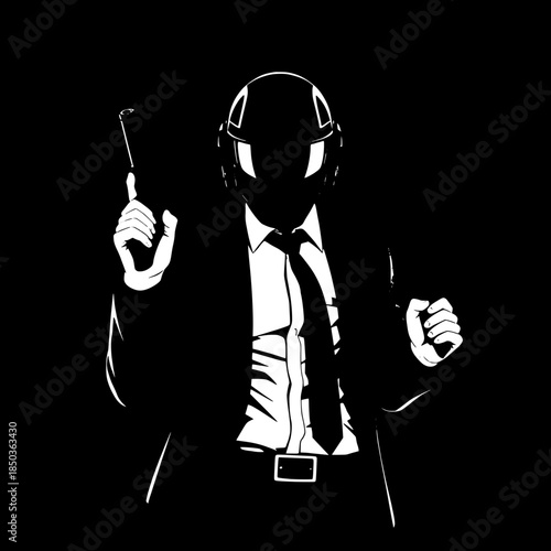 “Flat, high-contrast illustration of a combat-ready figure mixing formal clothing with tactical equipment, helmet visor glowing subtly, pistol in right hand, clean silhouette, stark black background, 