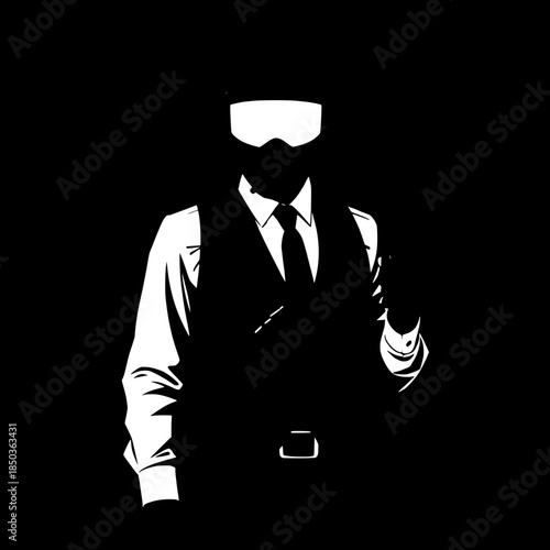 “Flat, high-contrast illustration of a combat-ready figure mixing formal clothing with tactical equipment, helmet visor glowing subtly, pistol in right hand, clean silhouette, stark black background, 