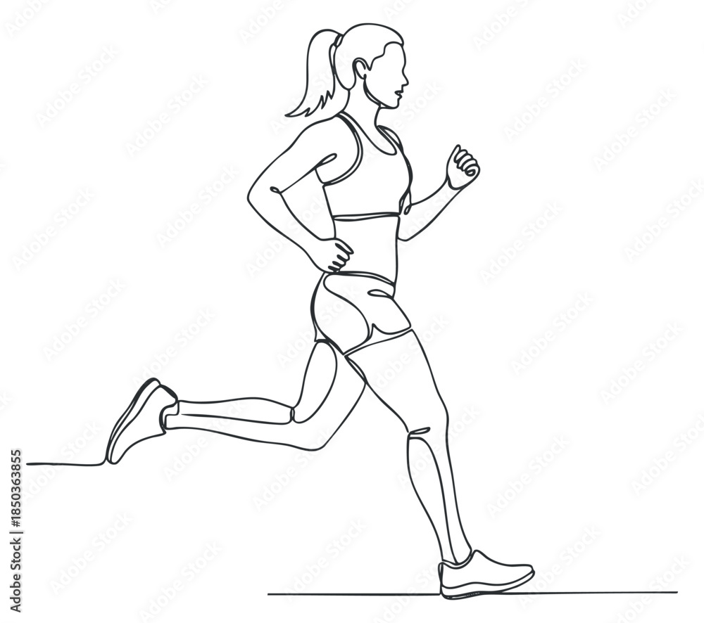 Fototapeta premium A continuous line drawing of a woman running in a sporty outfit, minimalist vector style, suitable for fitness and health-related projects