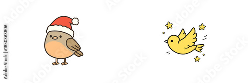 Cute birds wearing hats with one bird flying surrounded by stars during a festive season in a simple style