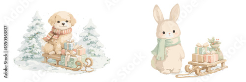 Cute puppy and bunny with presents on sleds in a snowy landscape during winter