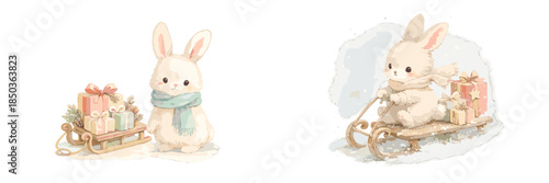 Bunny sledding with gifts in winter scenery while snow falls gently on a soft background
