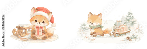 Foxes celebrate winter with gifts and sleds in a snowy landscape during the holiday season