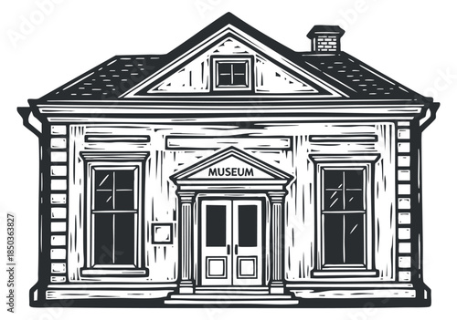A detailed illustration of a museum building in black and white outline vector style, suitable for educational projects and cultural themes