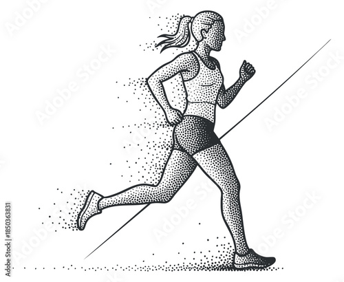 A dynamic illustration of a woman running in black and white dotted vector style, perfect for fitness and wellness themes
