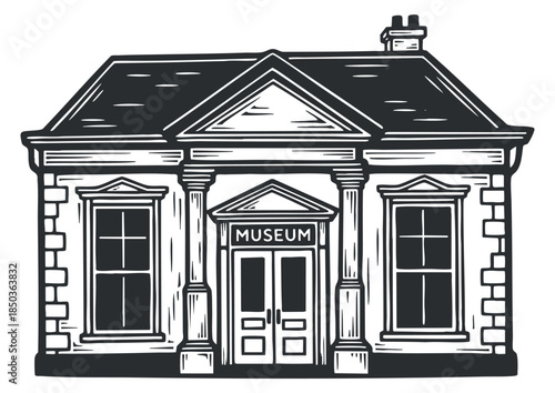 A detailed illustration of a museum building in black and white outline vector style, ideal for educational and cultural projects