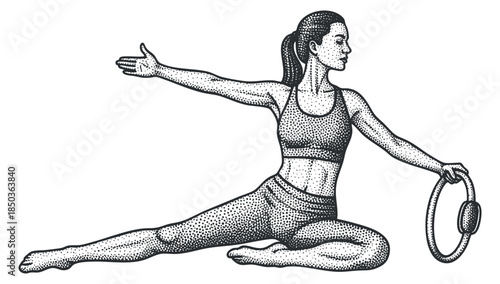 A woman performing a yoga pose with a ring in vintage stipple vector style, ideal for fitness and wellness branding