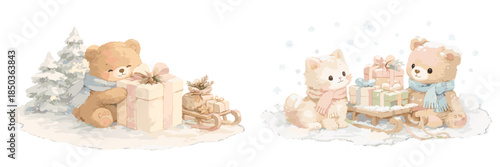 Winter scene with a bear and a kitten exchanging gifts near a snowy tree