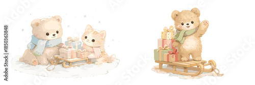 Cute bear and cat playing in the snow with presents on sleds during winter