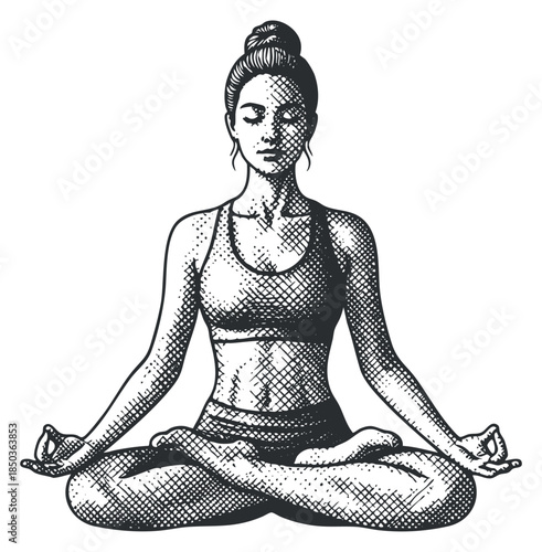 A woman practicing yoga in a meditative pose with a hand-drawn sketch style, perfect for wellness and fitness themes