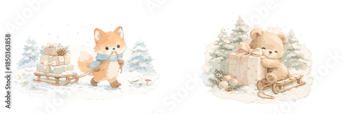 Cute fox and bear playing in the snow with gifts and sleds during winter season