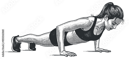 A woman performing a push-up in black and white outline vector style, ideal for fitness and wellness illustrations