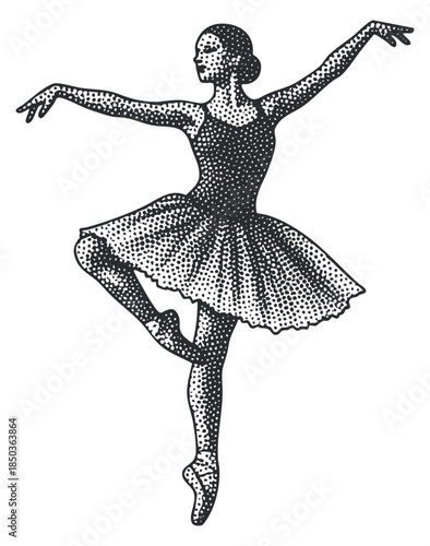 A ballerina performing an elegant pose in black and white dot pattern vector style, suitable for dance-themed artwork and design