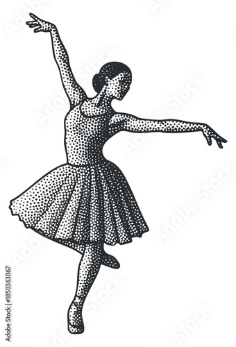 A ballet dancer in an elegant pose with a tutu in black and white dotted illustration style, perfect for art and performance themes