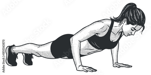 A woman performing push-ups in a detailed black and white vector illustration style, suitable for fitness and health branding