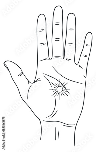 An outline illustration of a human hand with a sun symbol in the palm, created in minimalist vector style, ideal for spiritual and wellness themes