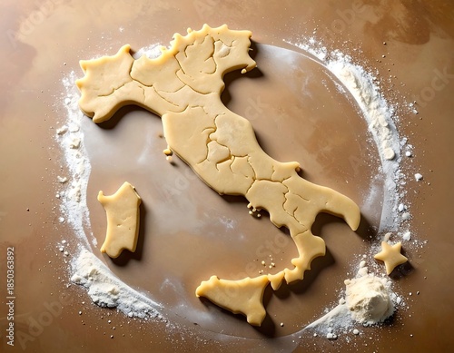Italy-shaped dough piece rests on a brown surface with flour sprinkling, evocative of culinary creativity and geographic inspiration