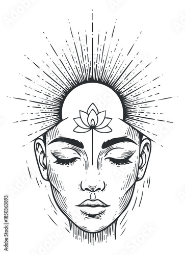 A serene illustration of a meditative female face with a lotus flower and radiant lines in an intricate outline vector style, ideal for wellness and spiritual themes