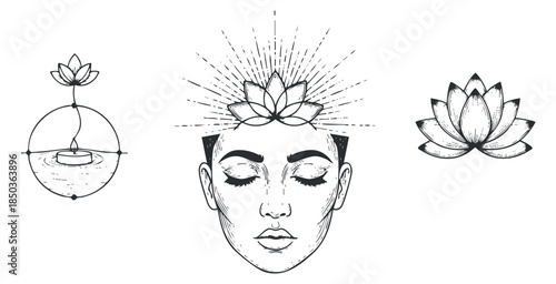 A collection of meditation and wellness symbols featuring a serene female face, a lotus flower, and a minimalist outline design in black and white, ideal for mindfulness and yoga themes
