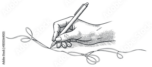 A hand holding a needle while sewing a thread in a detailed black and white sketch style, suitable for craft and sewing projects