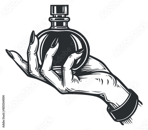 A hand holding a potion bottle in vintage black and white outline vector style, suitable for fantasy illustrations and creative projects