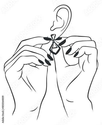 A woman holding a stylish earring with both hands in minimalist outline vector style, ideal for fashion and jewelry branding