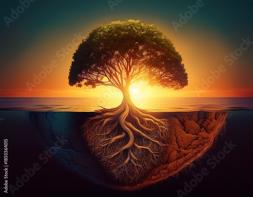 a sunrise behind a tree with visible root system exposed half above half below earth stylized cutaway composition
