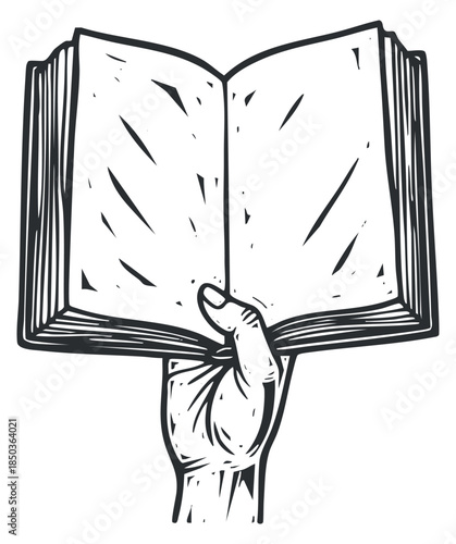 A hand holding an open book in black and white sketch style, ideal for educational and literary themes