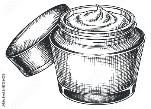 A vintage-style jar filled with cream, featuring a detailed outline illustration in black and white, suitable for skincare branding and product labels