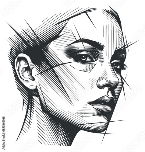 A striking portrait of a woman in detailed line art style, emphasizing modern beauty and elegance, suitable for fashion design or artistic projects