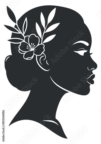 A silhouette of a woman’s profile adorned with floral elements in a black and white minimalist vector style, ideal for beauty and fashion design