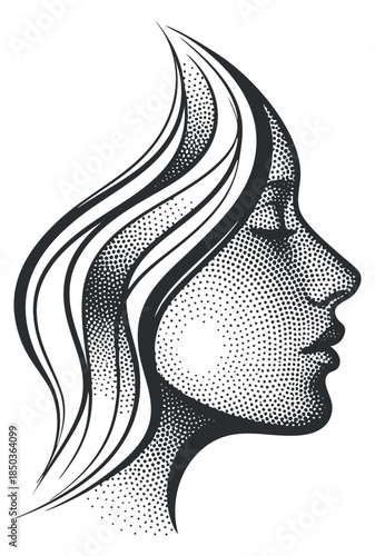 A stylized profile of a woman with flowing hair in black and white line art vector style, perfect for beauty and fashion branding