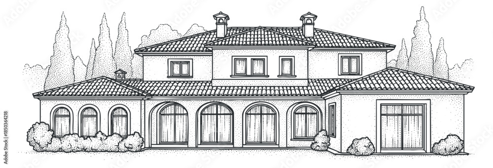 Fototapeta premium A detailed illustration of a modern residential house in line art vector style, suitable for architectural designs and home planning