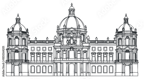 A detailed outline illustration of a historic building facade in black and white vector style, suitable for architectural design projects