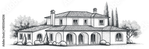 A detailed illustration of a countryside villa with a sloping roof and surrounding trees in black and white sketch style, ideal for architectural design projects