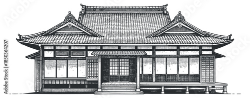A traditional Japanese house illustration in detailed black and white outline vector style, ideal for architectural design projects