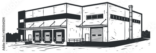 A detailed outline illustration of a warehouse building in black and white vector style, suitable for industrial design projects