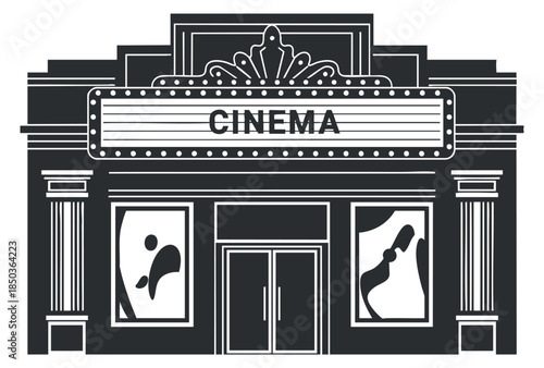 A cinema building with marquee and decorative elements in black and white vector style, ideal for movie-related branding and advertising