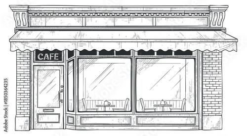 A hand-drawn illustration of a cafe storefront in black and white outline style, perfect for restaurant branding and design projects