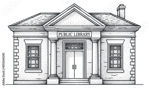 A public library building illustration in detailed outline vector style, perfect for educational and architectural projects