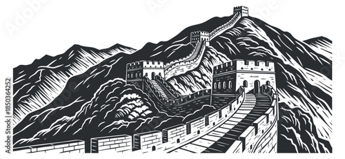 A detailed illustration of the Great Wall of China in black and white vector style, perfect for travel and tourism designs
