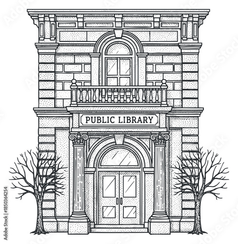 A detailed illustration of a public library building in black and white outline vector style, suitable for educational materials and architectural designs