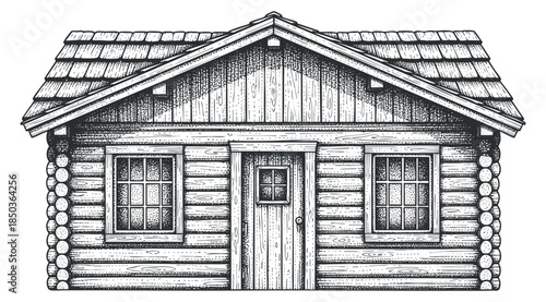 A detailed illustration of a rustic log cabin house in black and white vintage vector style, suitable for architectural design projects
