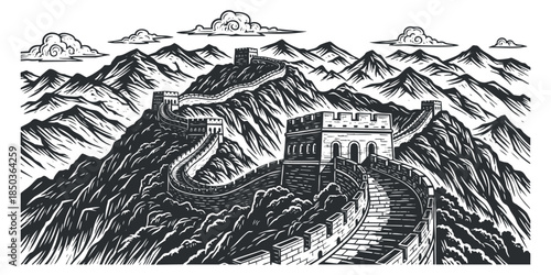 A detailed illustration of the Great Wall of China winding through mountains in black and white vector style, ideal for travel-themed designs
