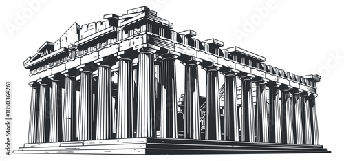 An illustration of the Parthenon temple with columns in black and white outline vector style, ideal for historical and travel designs