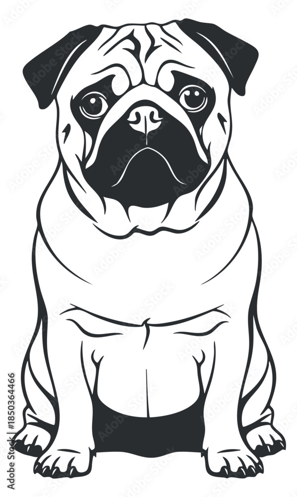 Obraz premium A cartoon-style illustration of a cute pug dog sitting in black and white vector style, perfect for pet-themed designs