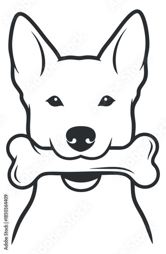 A dog happily holding a bone in a black and white outline vector style, perfect for pet-related branding and designs