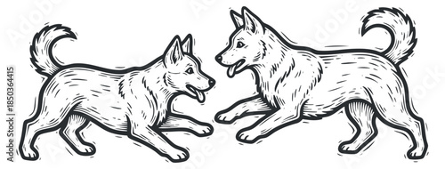 A playful illustration of two dogs running and interacting in black and white line art style, suitable for pet-related branding or designs