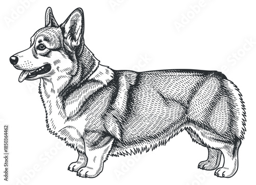 A corgi dog in detailed black and white line art style, suitable for pet-related branding and illustrations