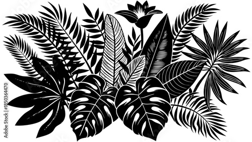 Very beautiful illustration of various tropical plants including monstera, palm, fern, and bird of paradise flowers, isolated composition with balanced foliage shapes and decorative botanical harmony.
